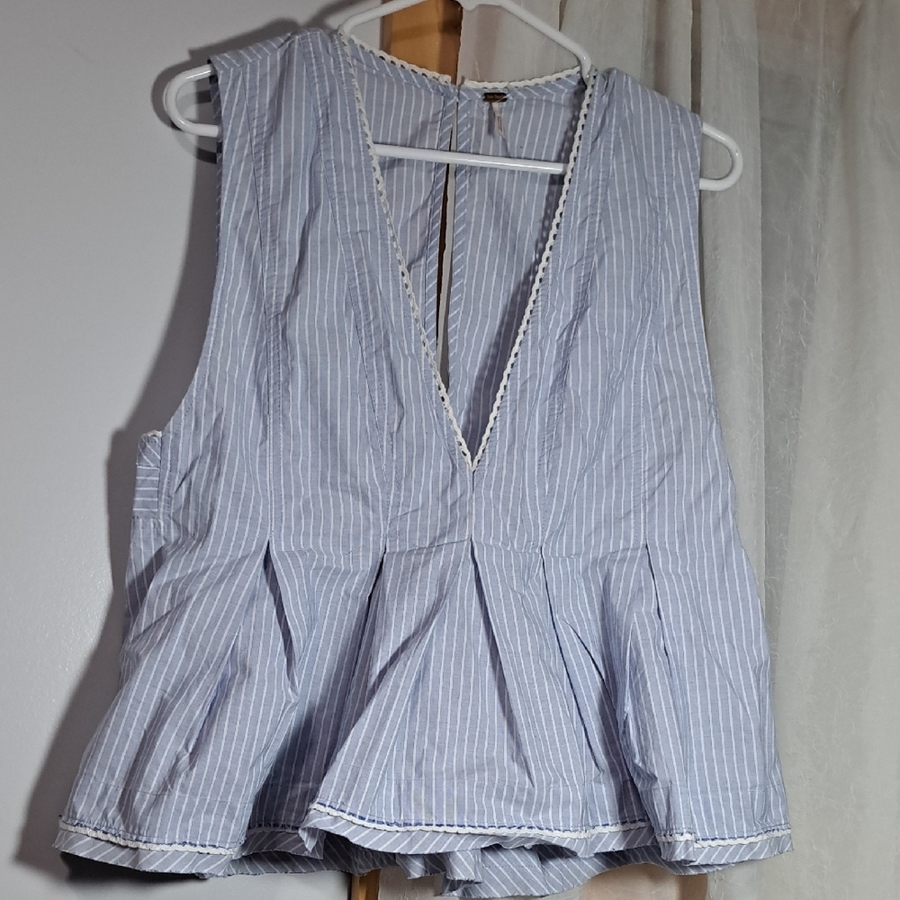 Free People White and Blue Peplum Tank Top